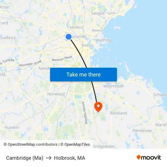Cambridge (Ma) to Holbrook, MA map
