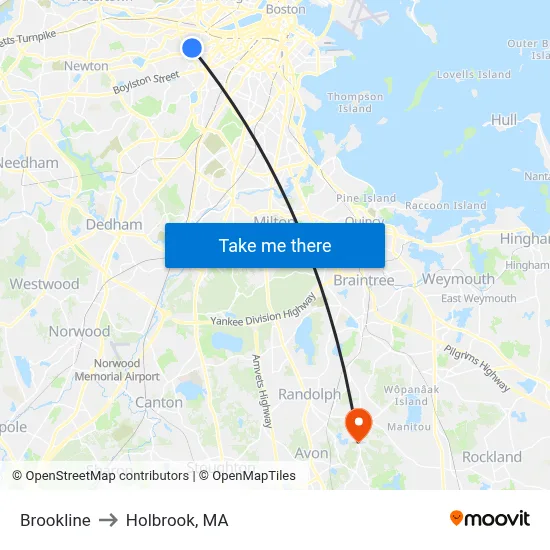 Brookline to Holbrook, MA map
