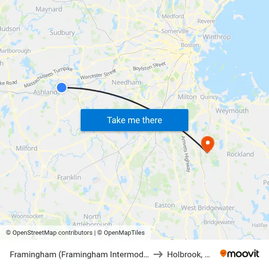 Framingham (Framingham Intermodal) to Holbrook, MA map