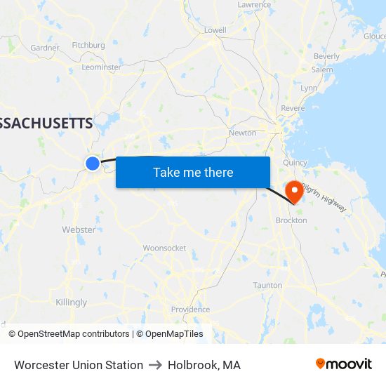 Worcester Union Station to Holbrook, MA map