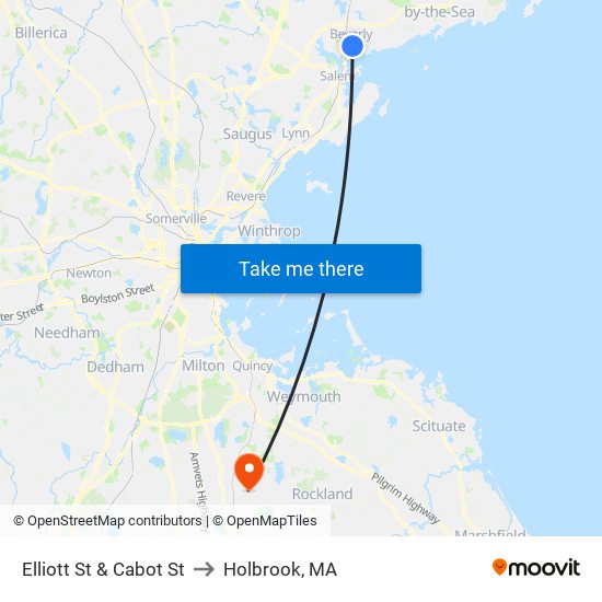 Elliott St & Cabot St to Holbrook, MA map