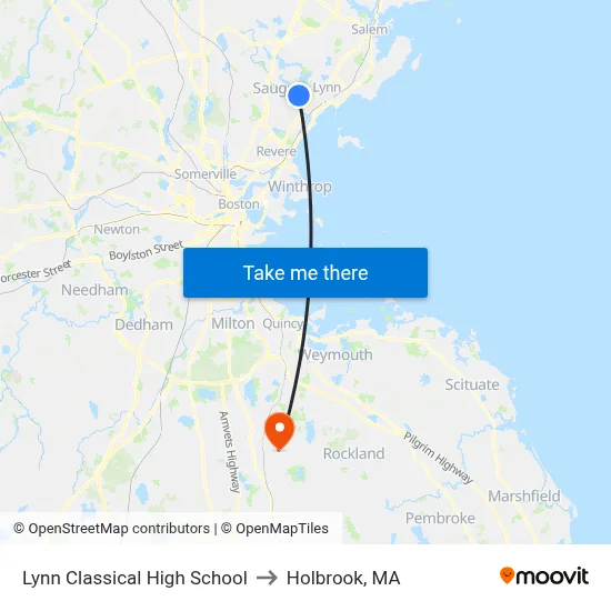 Lynn Classical High School to Holbrook, MA map