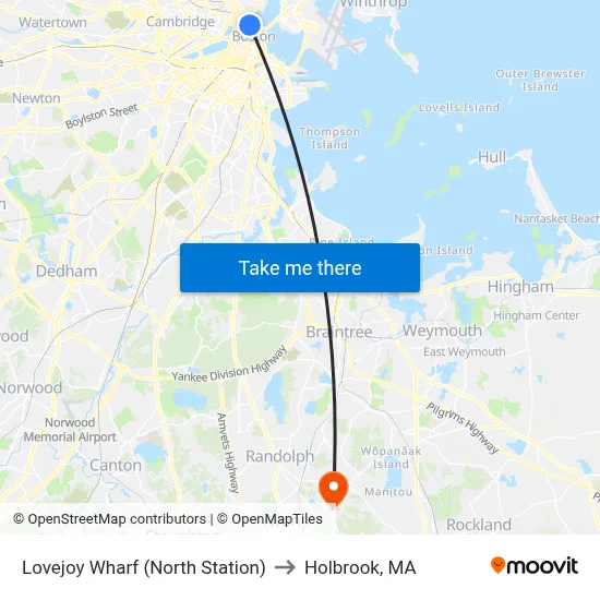 Lovejoy Wharf (North Station) to Holbrook, MA map