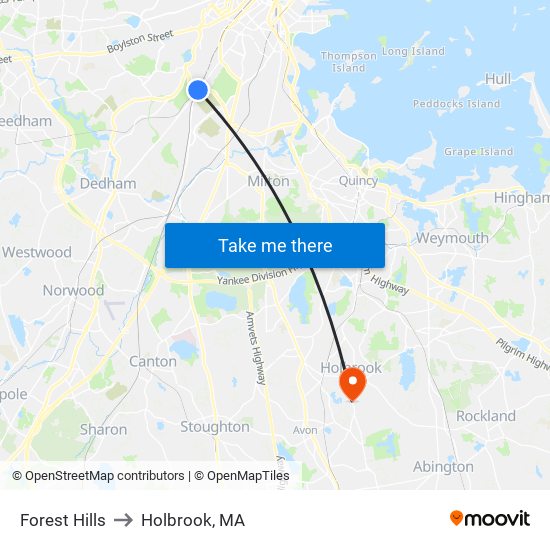 Forest Hills to Holbrook, MA map