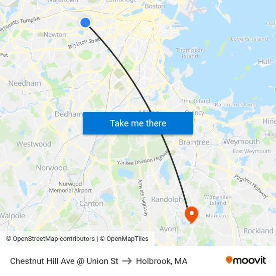 Chestnut Hill Ave @ Union St to Holbrook, MA map