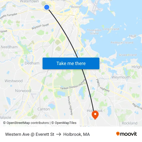 Western Ave @ Everett St to Holbrook, MA map