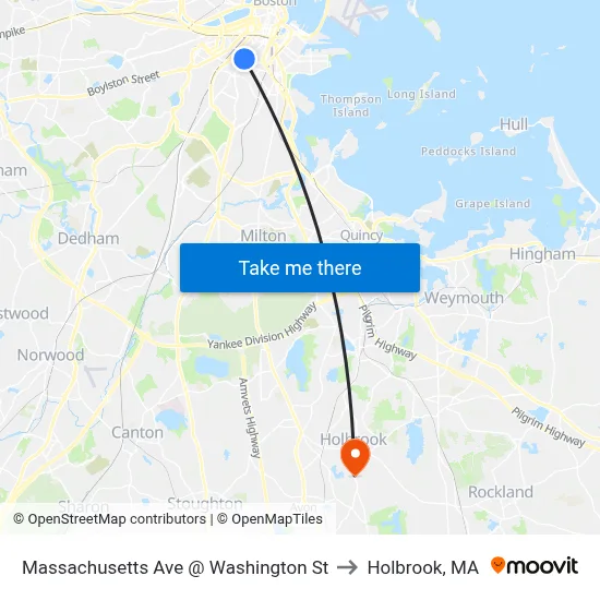 Massachusetts Ave @ Washington St to Holbrook, MA map