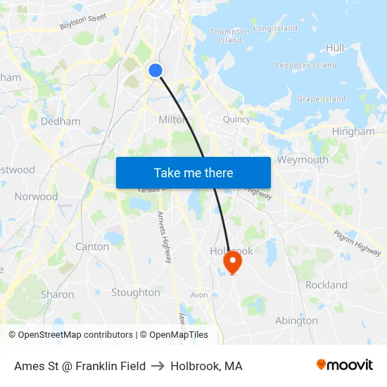 Ames St @ Franklin Field to Holbrook, MA map