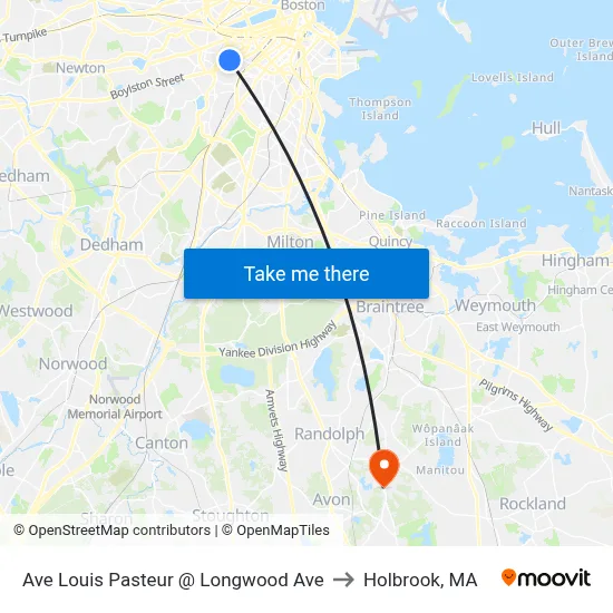 Ave Louis Pasteur @ Longwood Ave to Holbrook, MA map
