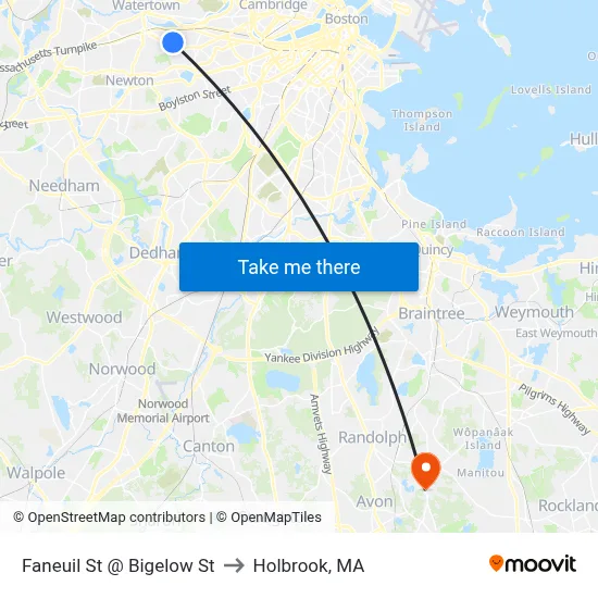 Faneuil St @ Bigelow St to Holbrook, MA map