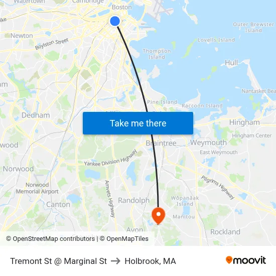 Tremont St @ Marginal St to Holbrook, MA map