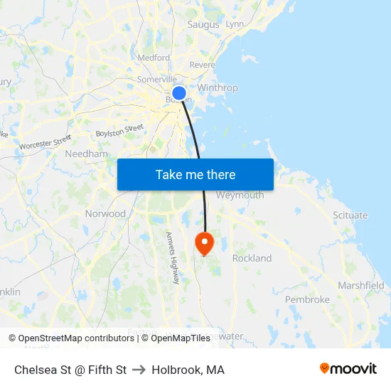 Chelsea St @ Fifth St to Holbrook, MA map