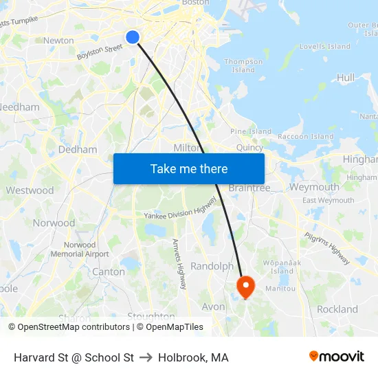 Harvard St @ School St to Holbrook, MA map