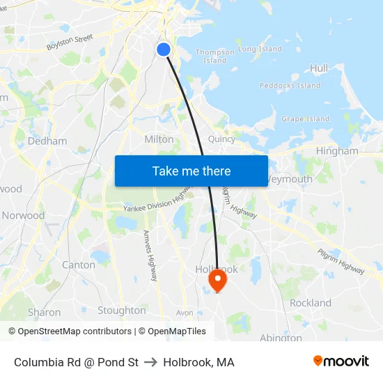 Columbia Rd @ Pond St to Holbrook, MA map