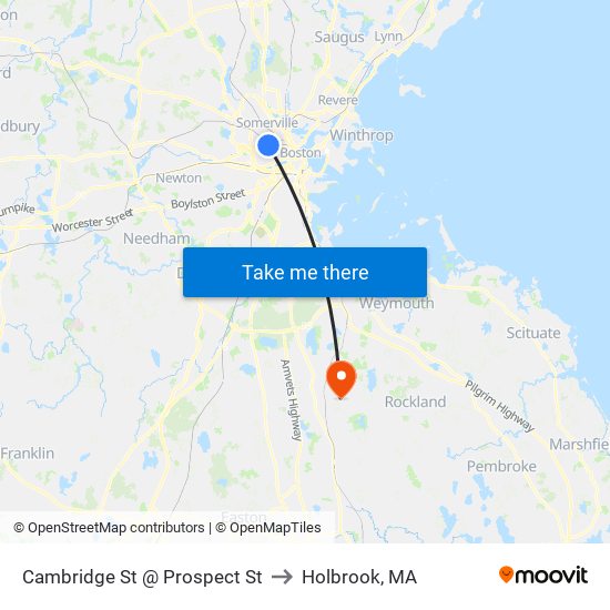 Cambridge St @ Prospect St to Holbrook, MA map