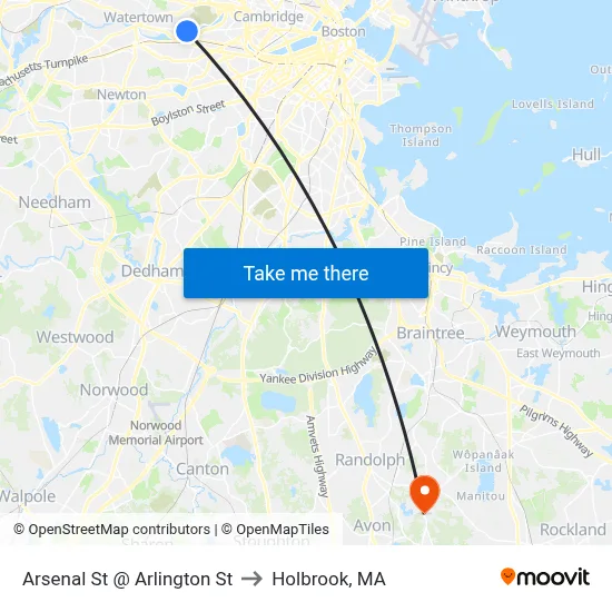 Arsenal St @ Arlington St to Holbrook, MA map