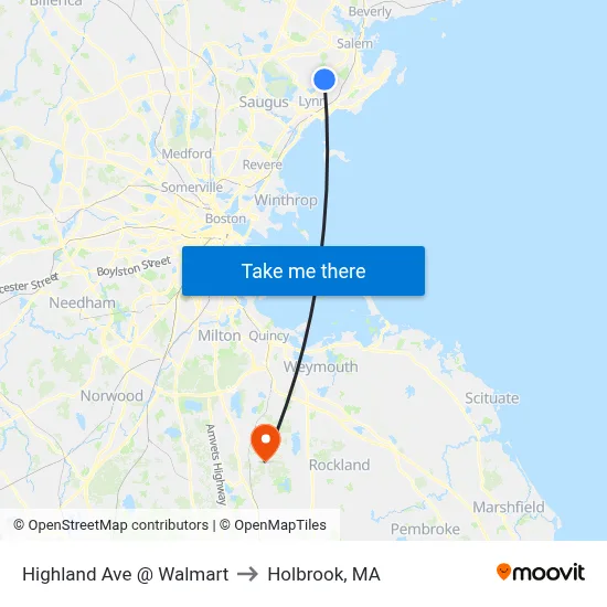 Highland Ave @ Walmart to Holbrook, MA map