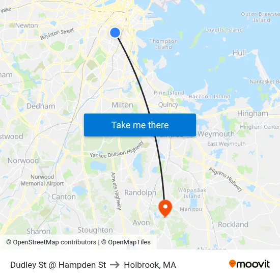 Dudley St @ Hampden St to Holbrook, MA map