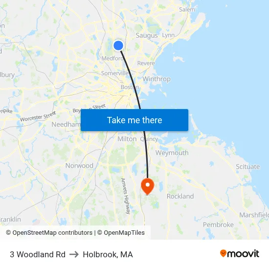 3 Woodland Rd to Holbrook, MA map