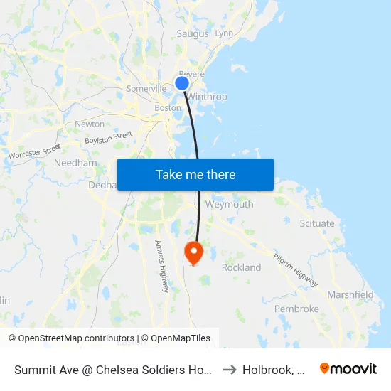 Summit Ave @ Chelsea Soldiers Home to Holbrook, MA map
