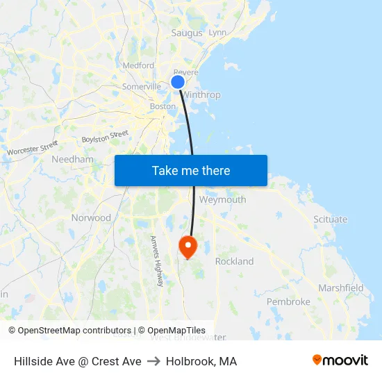 Hillside Ave @ Crest Ave to Holbrook, MA map