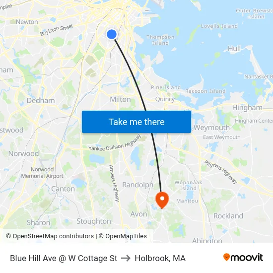 Blue Hill Ave @ W Cottage St to Holbrook, MA map
