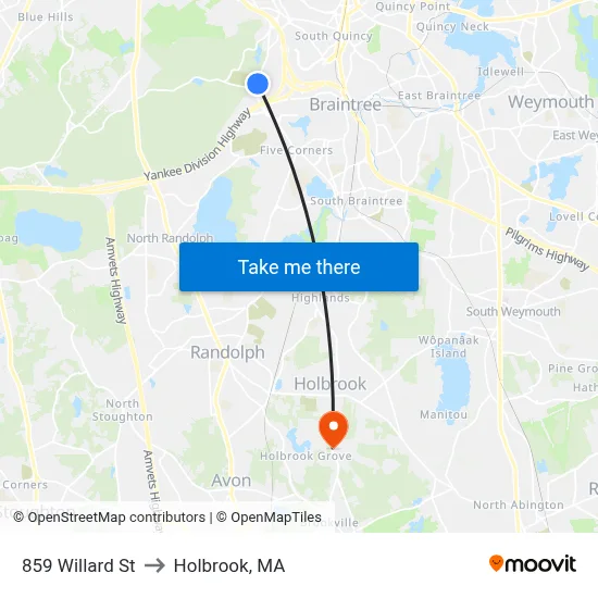859 Willard St to Holbrook, MA map
