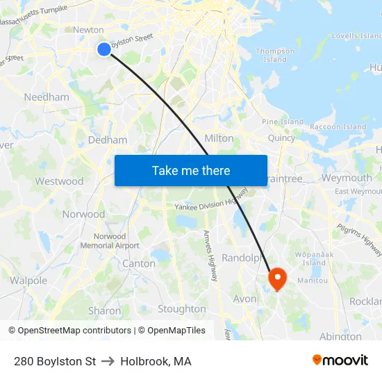 280 Boylston St to Holbrook, MA map