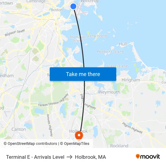 Terminal E - Arrivals Level to Holbrook, MA map