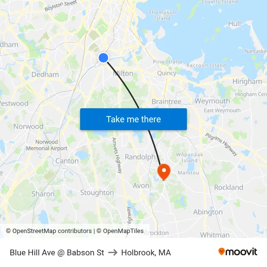 Blue Hill Ave @ Babson St to Holbrook, MA map