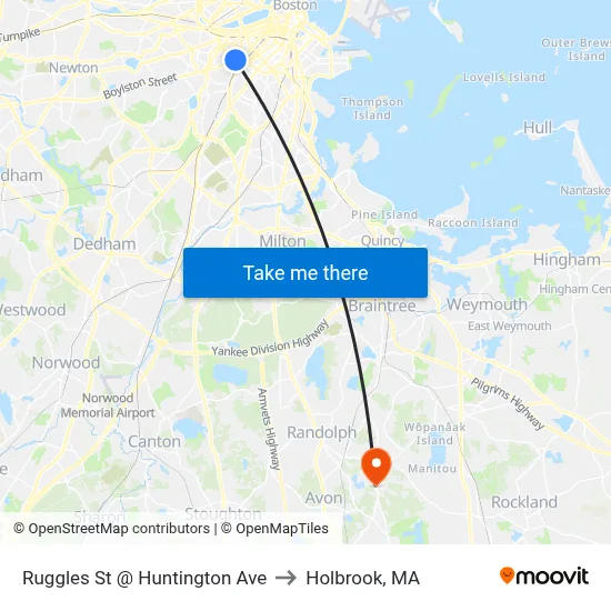 Ruggles St @ Huntington Ave to Holbrook, MA map