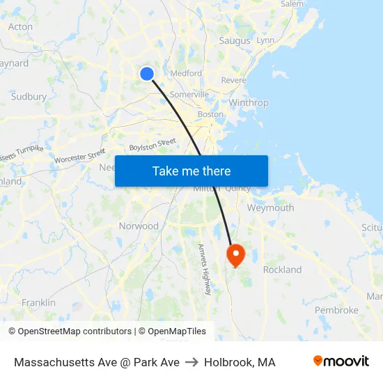 Massachusetts Ave @ Park Ave to Holbrook, MA map