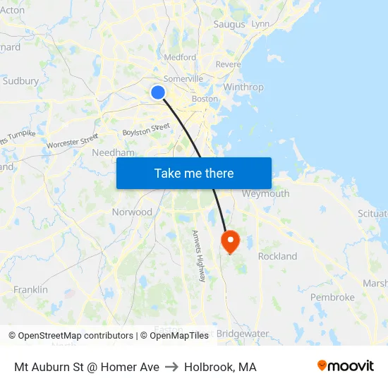 Mt Auburn St @ Homer Ave to Holbrook, MA map
