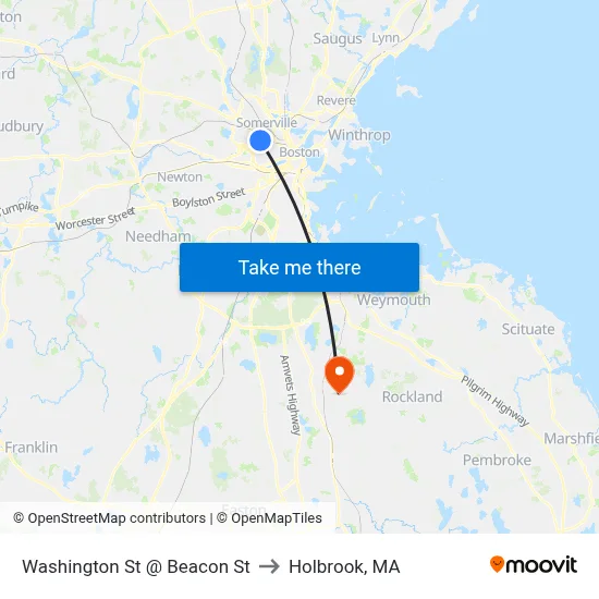 Washington St @ Beacon St to Holbrook, MA map
