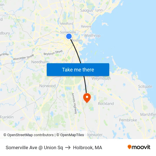 Somerville Ave @ Union Sq to Holbrook, MA map