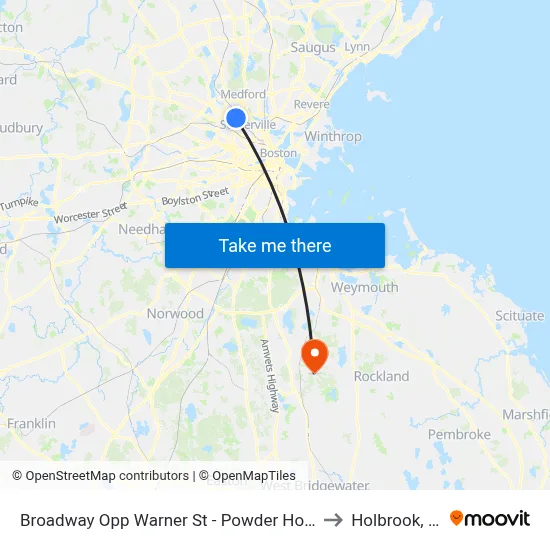 Broadway Opp Warner St - Powder House Sq to Holbrook, MA map