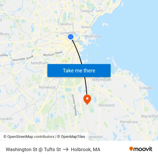 Washington St @ Tufts St to Holbrook, MA map