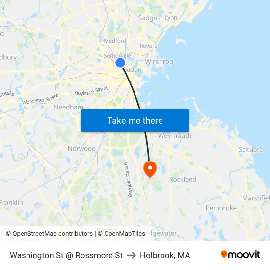 Washington St @ Rossmore St to Holbrook, MA map