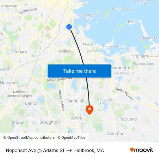 Neponset Ave @ Adams St to Holbrook, MA map