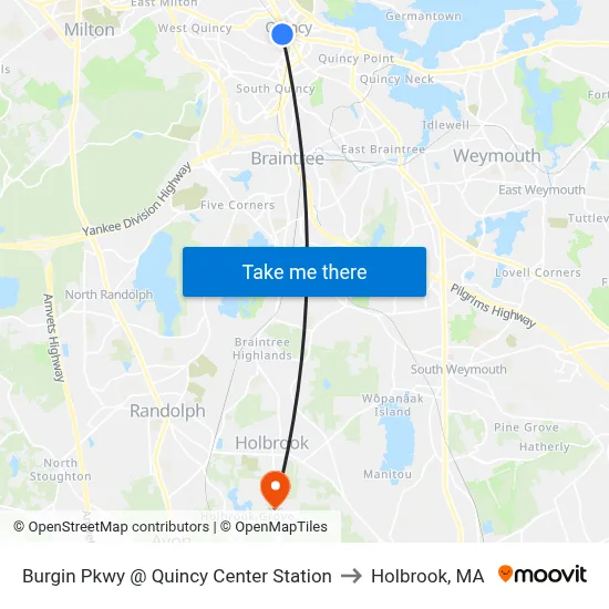 Burgin Pkwy @ Quincy Center Station to Holbrook, MA map