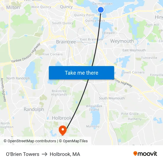 O'Brien Towers to Holbrook, MA map