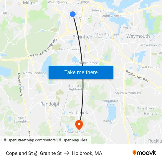 Copeland St @ Granite St to Holbrook, MA map