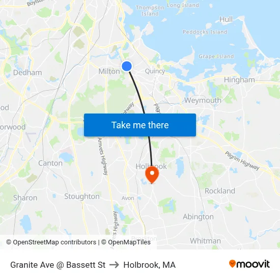 Granite Ave @ Bassett St to Holbrook, MA map