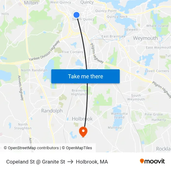 Copeland St @ Granite St to Holbrook, MA map