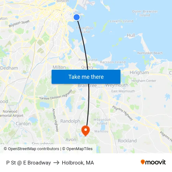 P St @ E Broadway to Holbrook, MA map