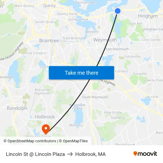 Lincoln St @ Lincoln Plaza to Holbrook, MA map