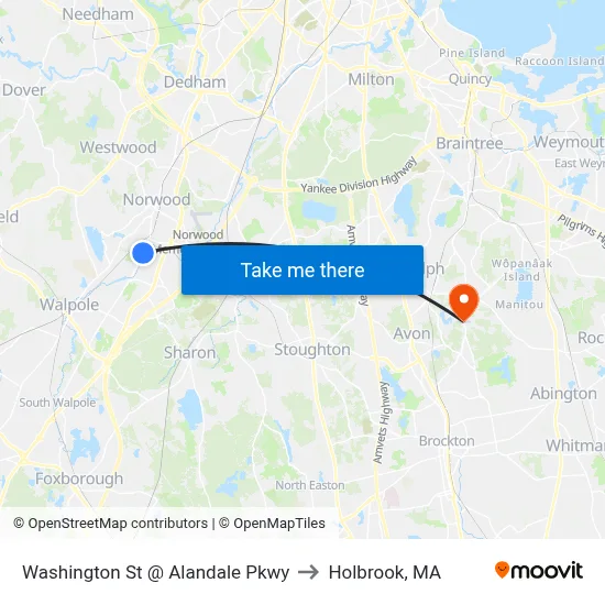 Washington St @ Alandale Pkwy to Holbrook, MA map