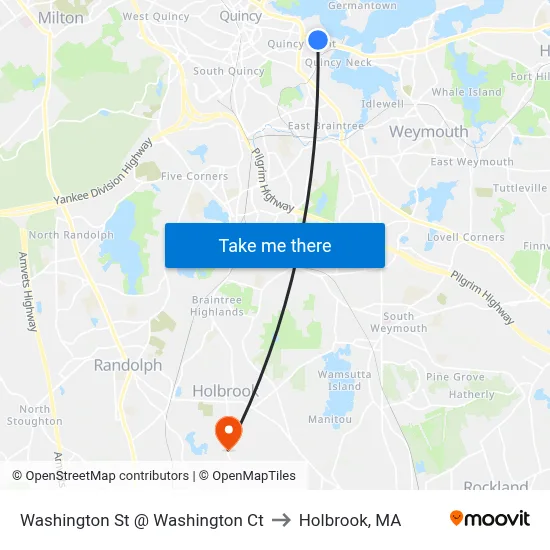 Washington St @ Washington Ct to Holbrook, MA map