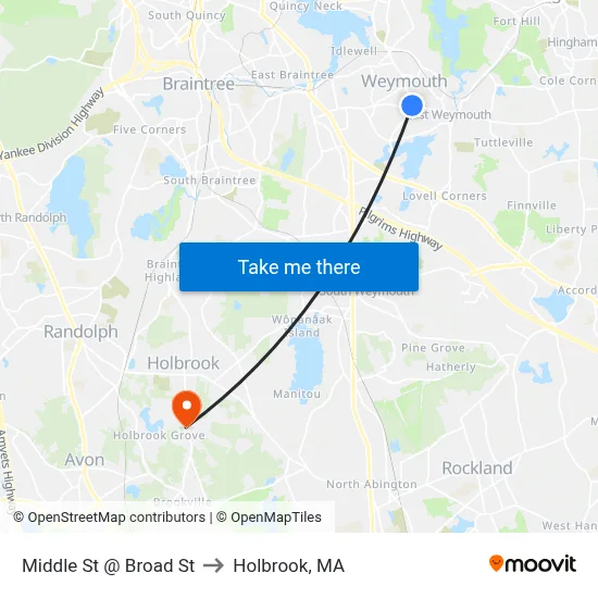 Middle St @ Broad St to Holbrook, MA map