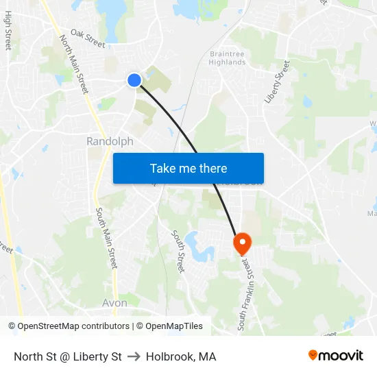 North St @ Liberty St to Holbrook, MA map